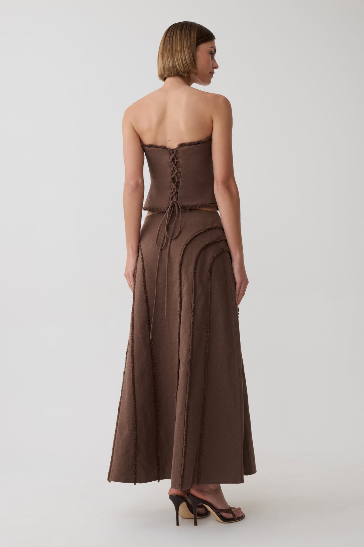 Annie Linen Frayed Midi Skirt - Dark Chocolate