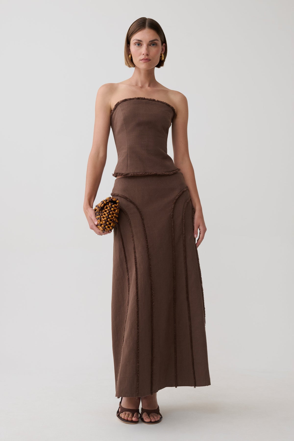 Annie Linen Frayed Midi Skirt - Dark Chocolate #4