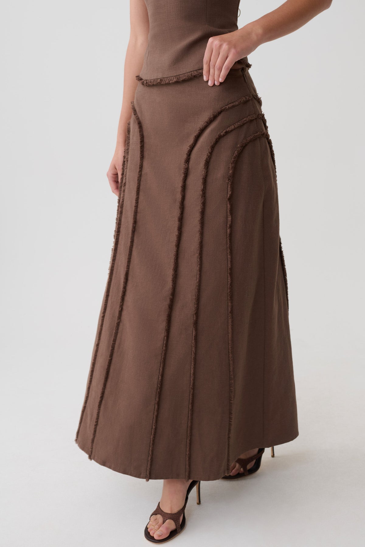 Annie Linen Frayed Midi Skirt - Dark Chocolate