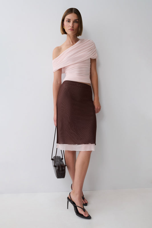 Janet Mesh Midi Skirt - Pale Pink/Chocolate