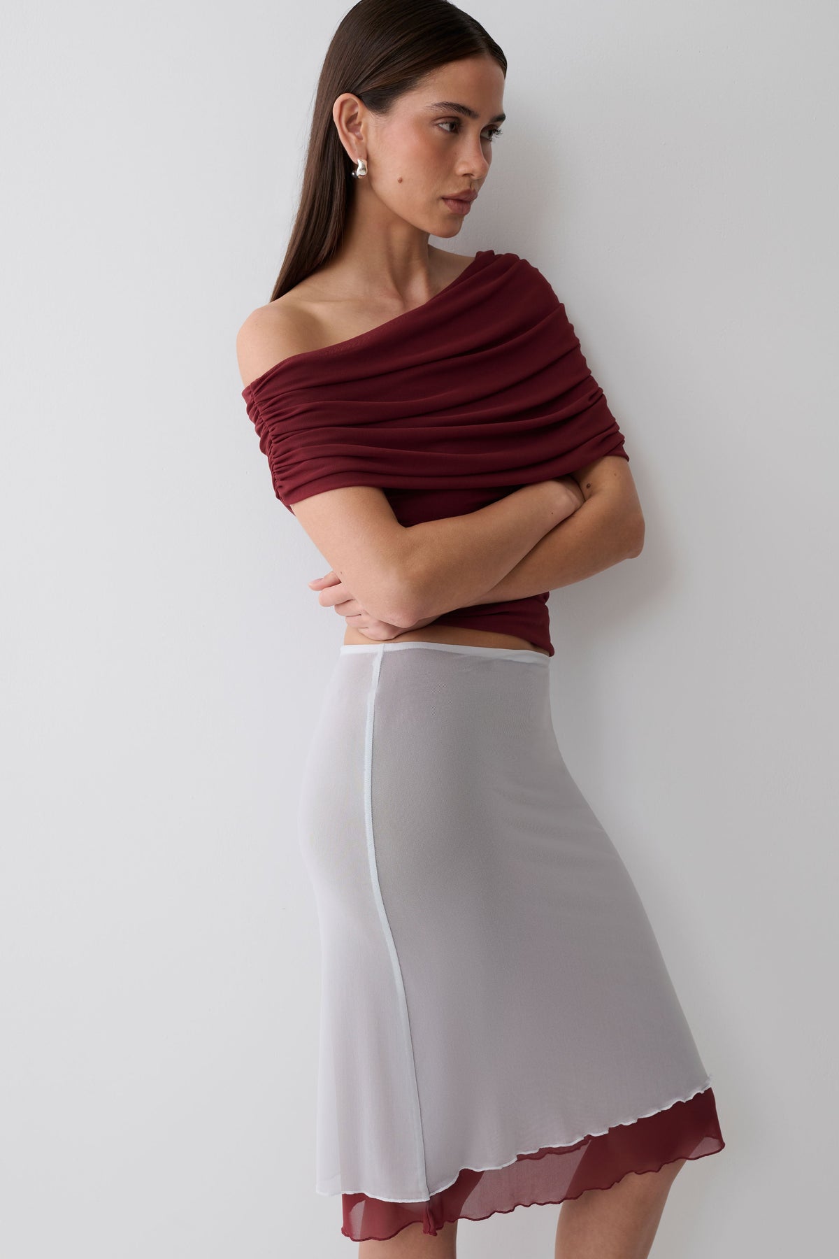 Janet Mesh Midi Skirt - Wine/Pale Blue