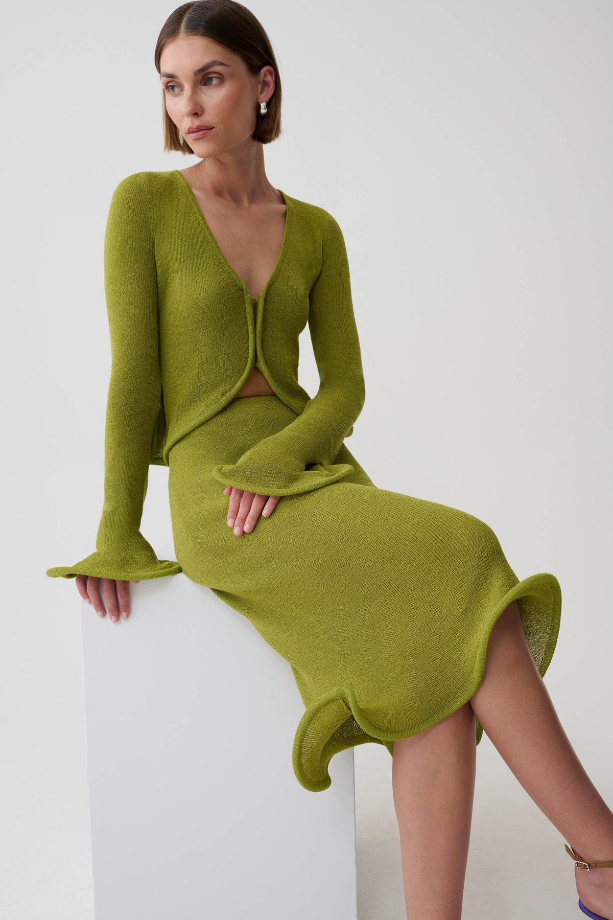 Gigi Knit Knee Length Skirt - Olive #4