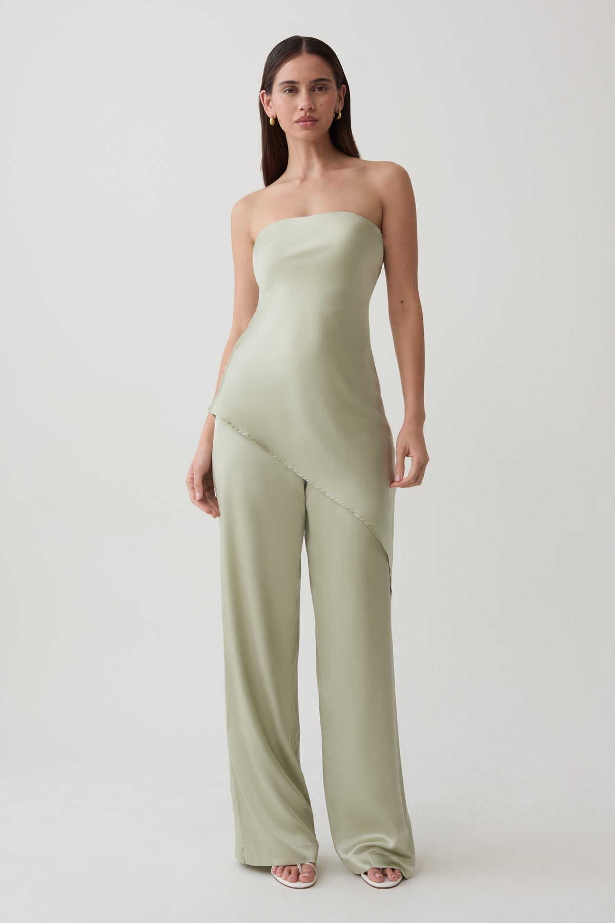 Kayla Silk Blend Strapless Asymmetric Top - Sage