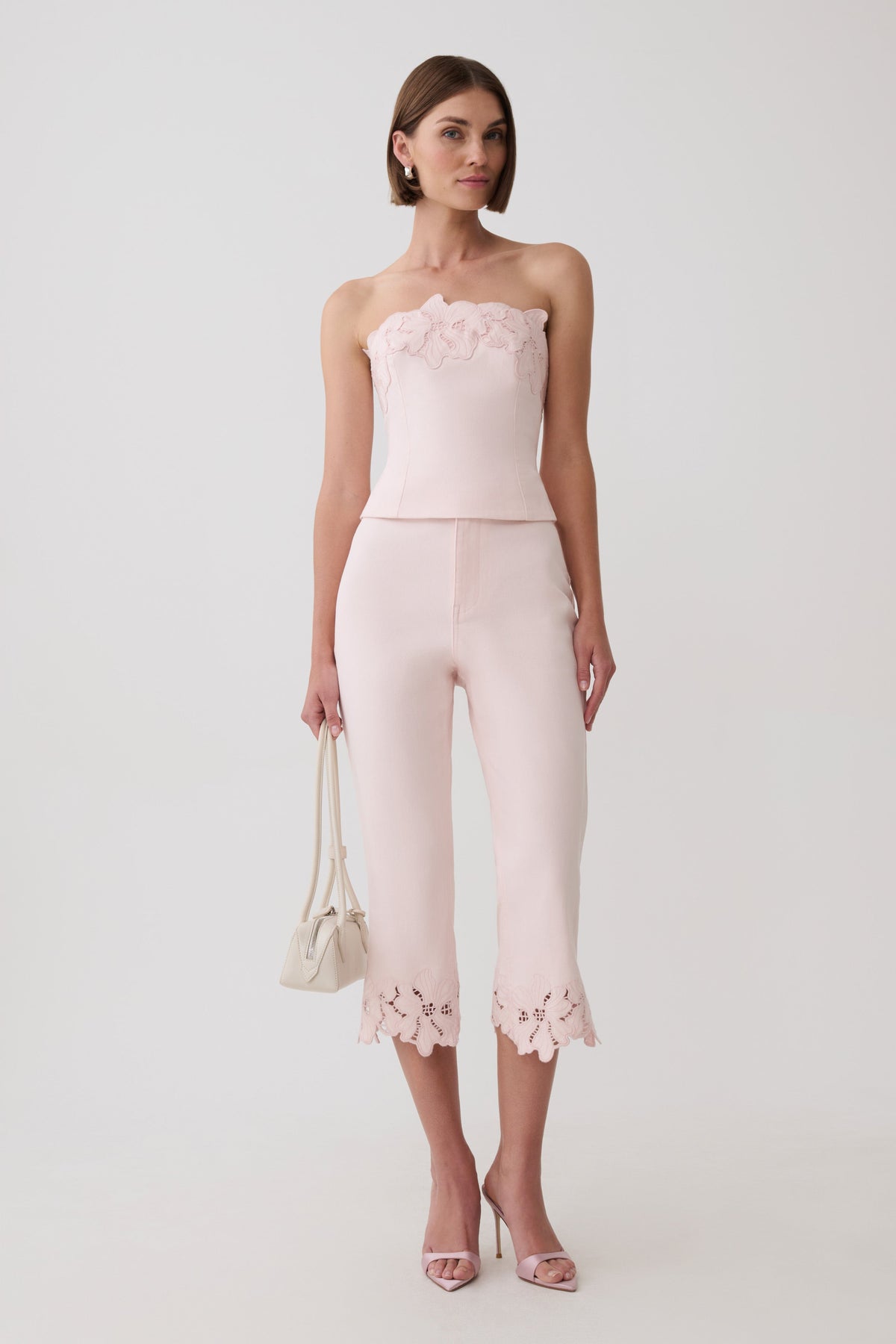 Tillie Flower Embroidery Strapless Denim Top - Baby Pink