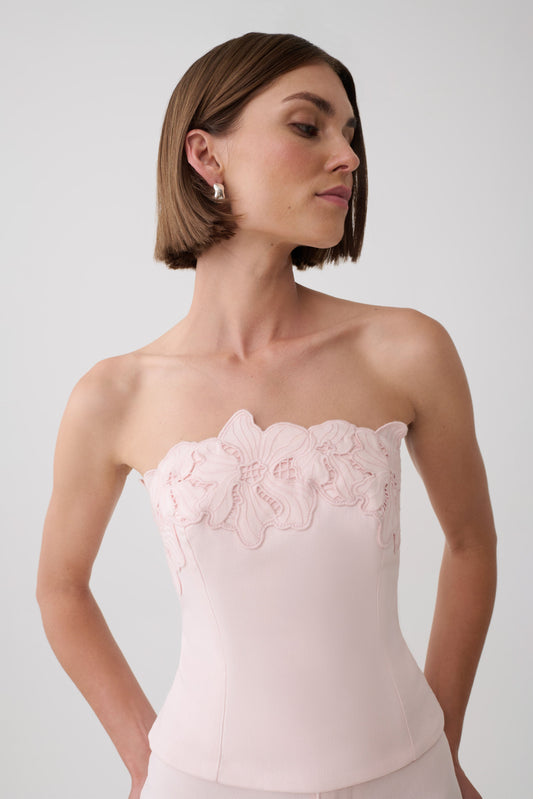 Tillie Flower Embroidery Strapless Denim Top - Baby Pink