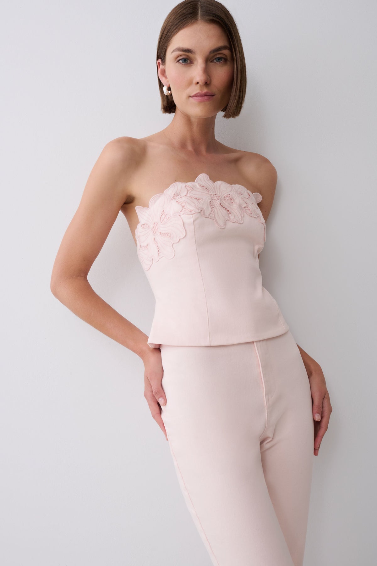 Tillie Flower Embroidery Strapless Denim Top - Baby Pink #3