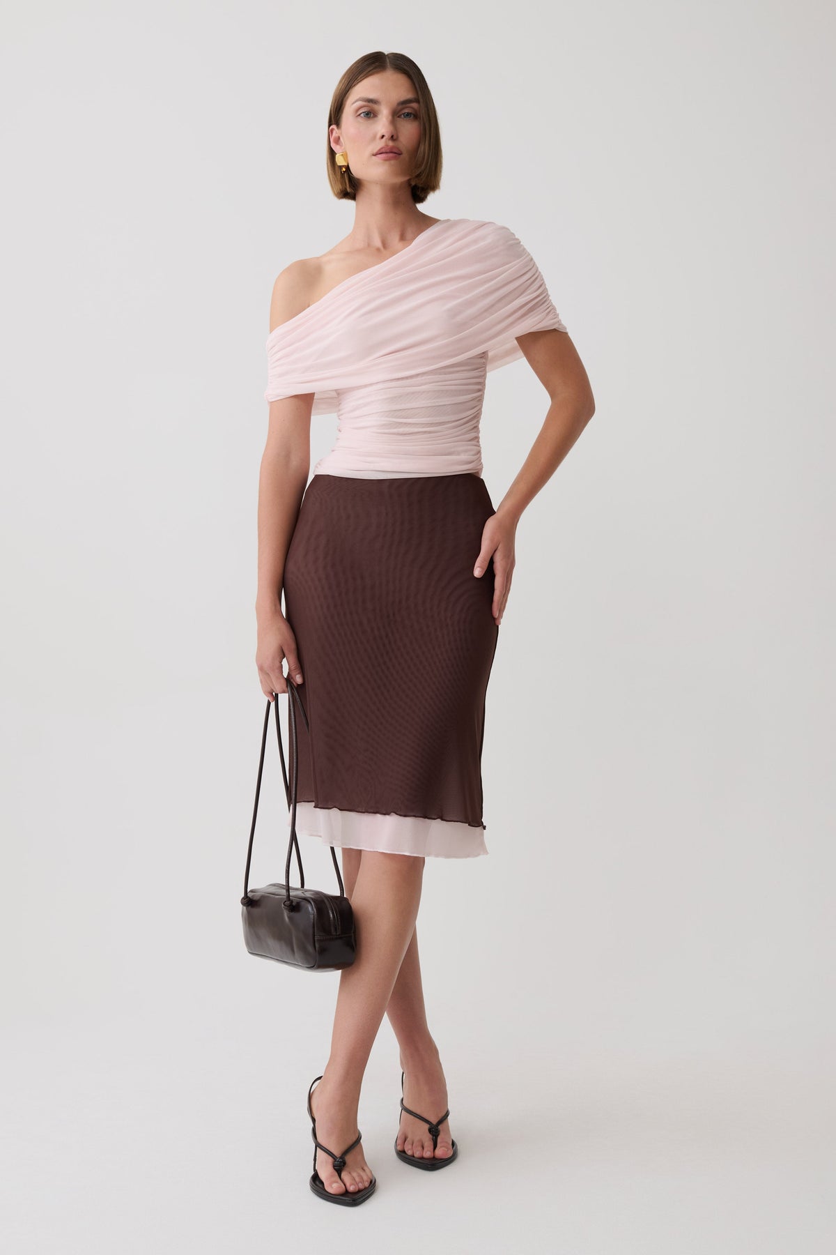 Arina Fluid Loose Neck Jersey Mesh Top - Pale Pink