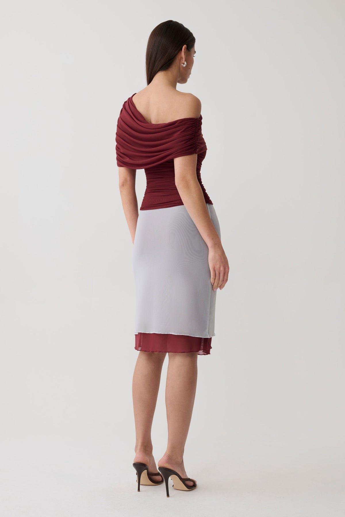 Arina Fluid Loose Neck Jersey Mesh Top - Wine #2