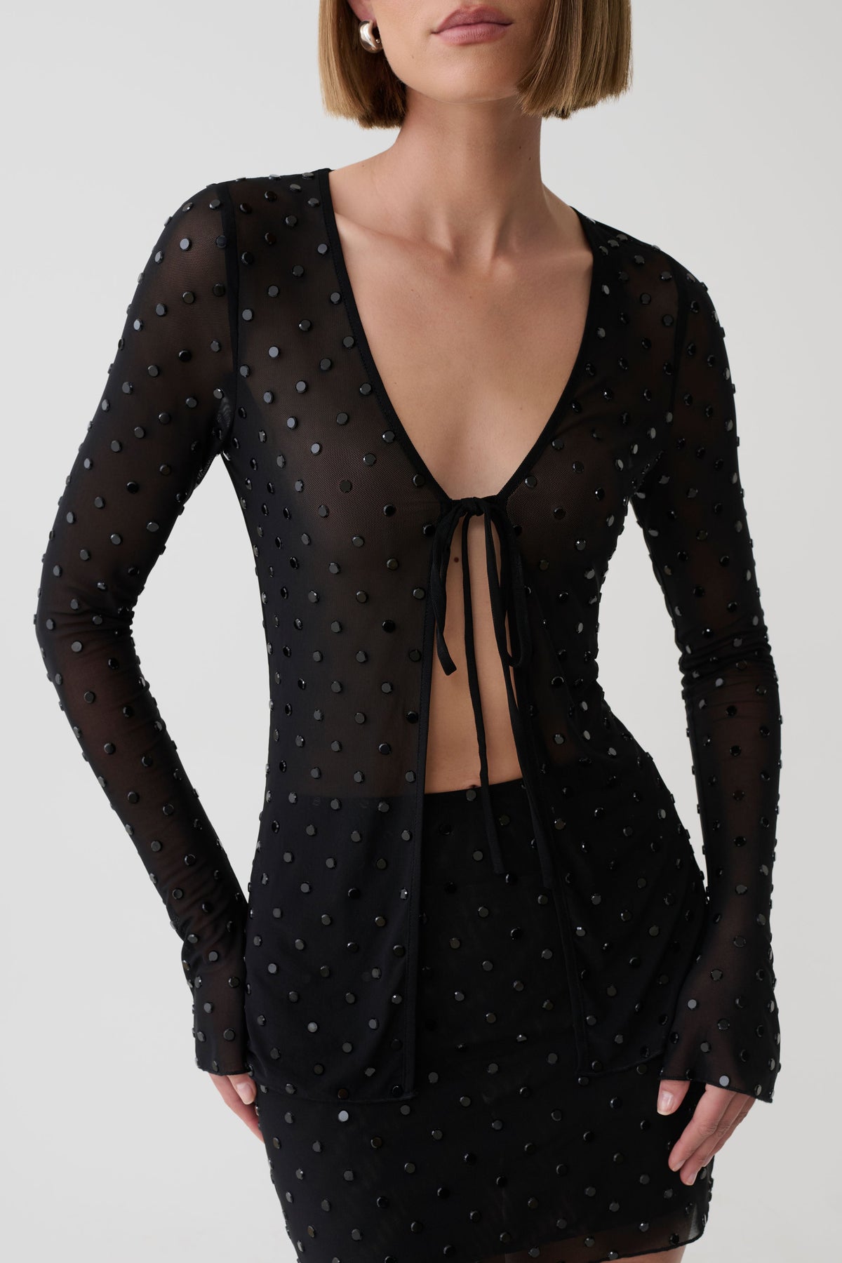 Linda Long Sleeve Diamante Top - Black
