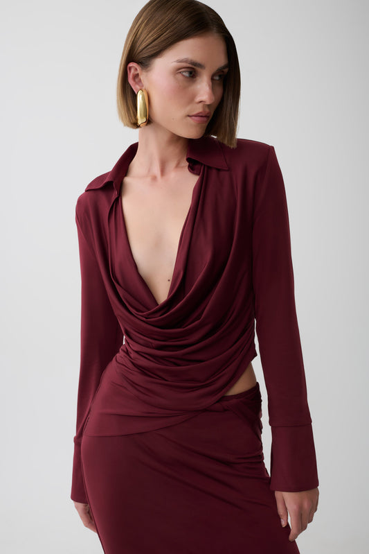 Elmira Long Sleeve Slinky Gather Detail Top - Wine