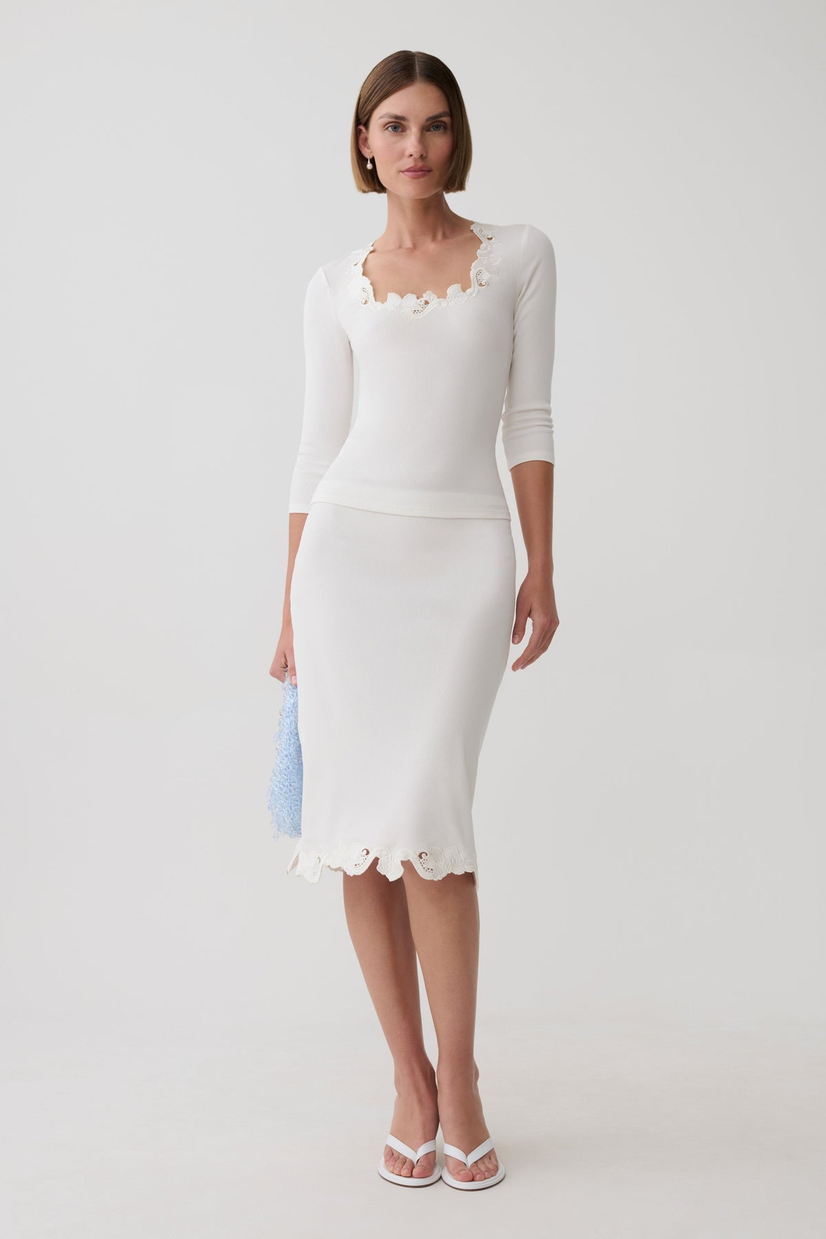 Jane Broiderie Ribbed Long Sleeve Top - White
