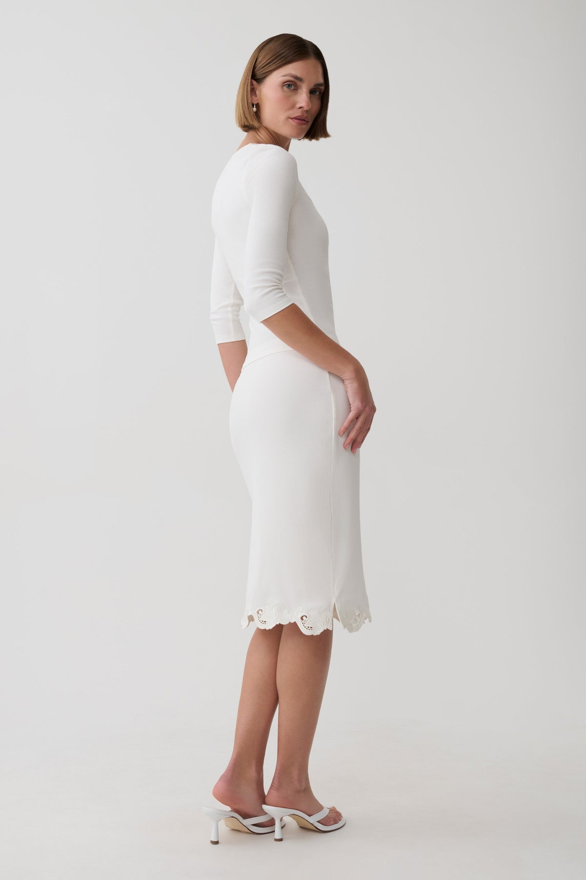 Jane Broiderie Ribbed Long Sleeve Top - White