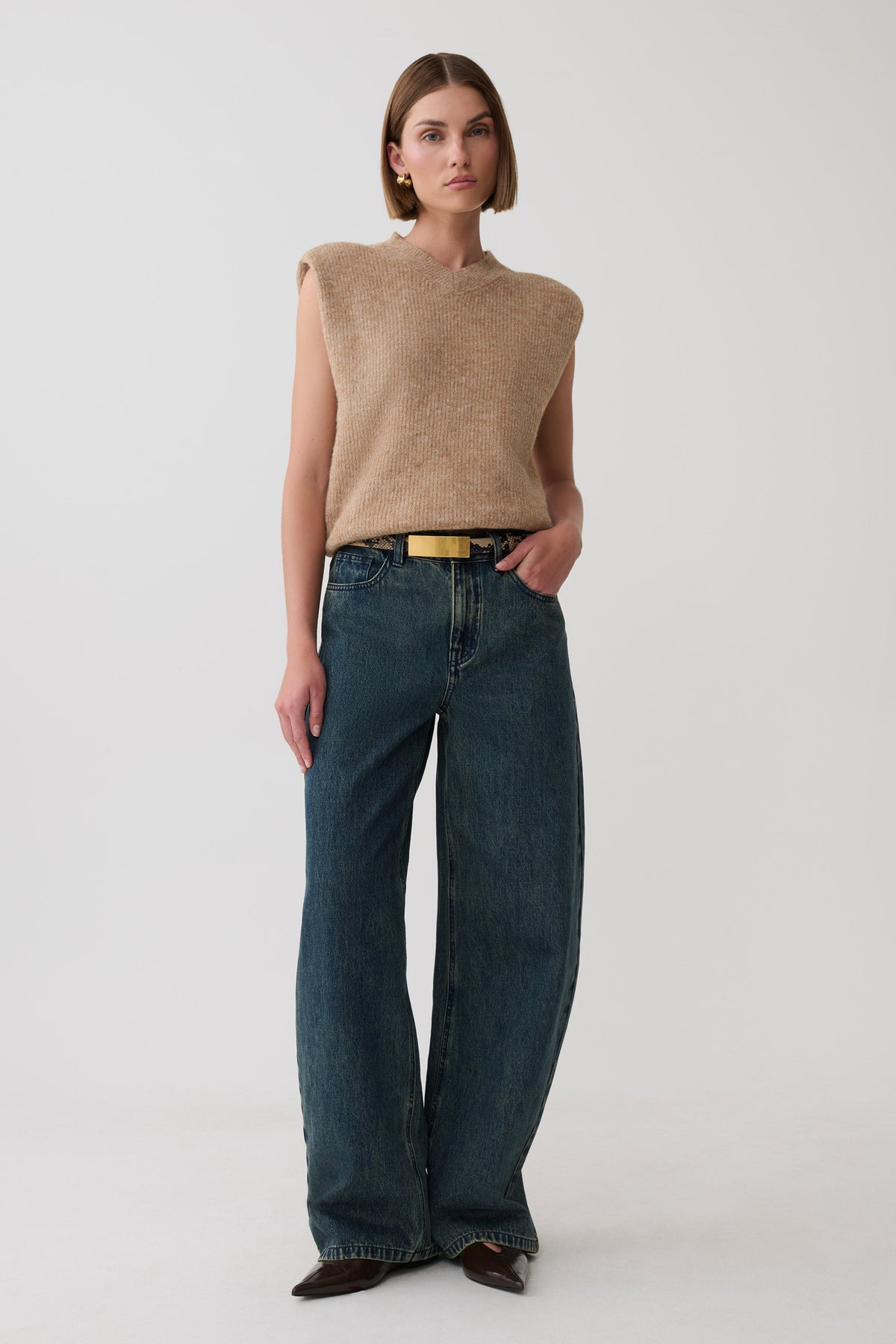Briair Knit Vest With Shoulder Pads - Camel