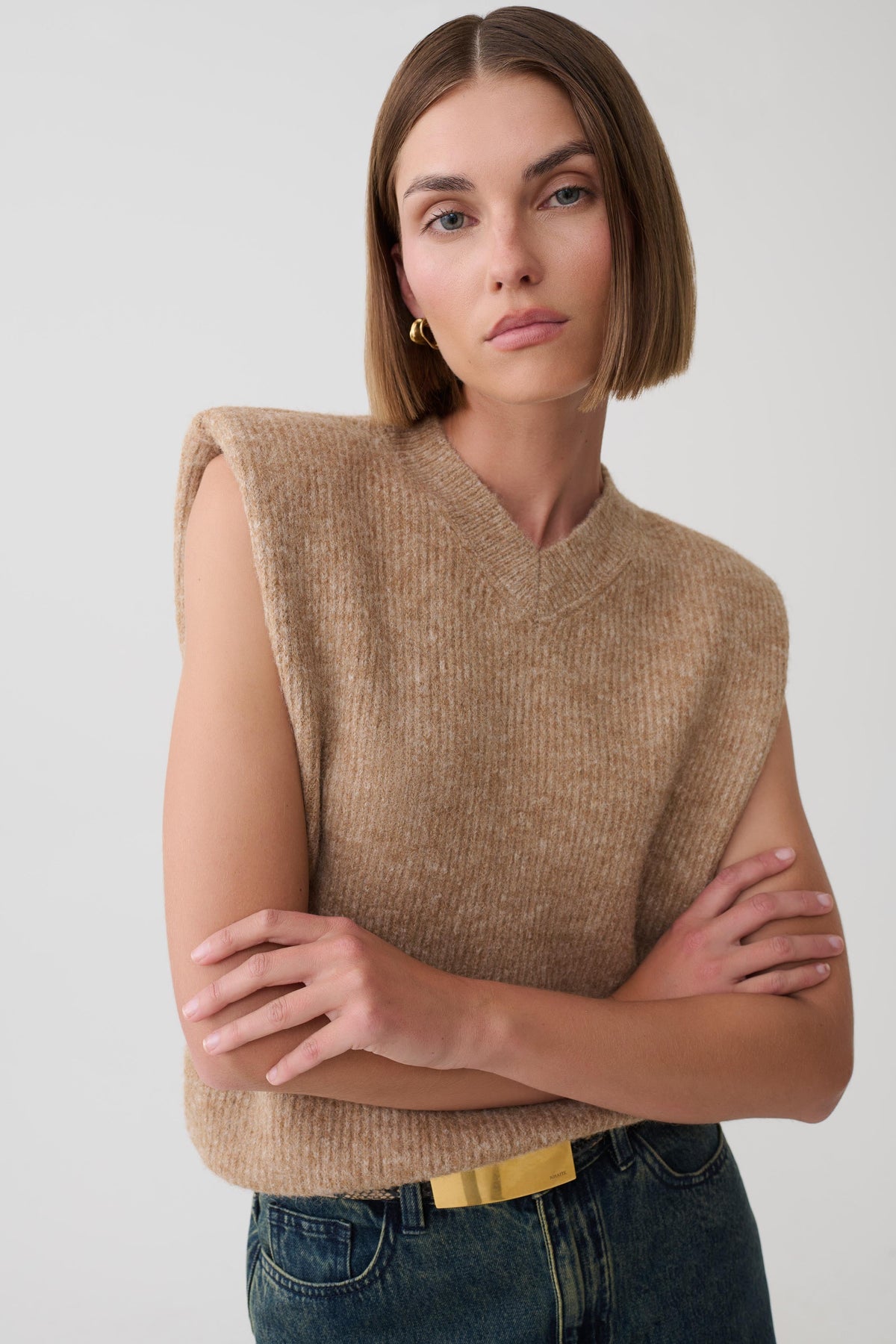 Briair Knit Vest With Shoulder Pads - Camel