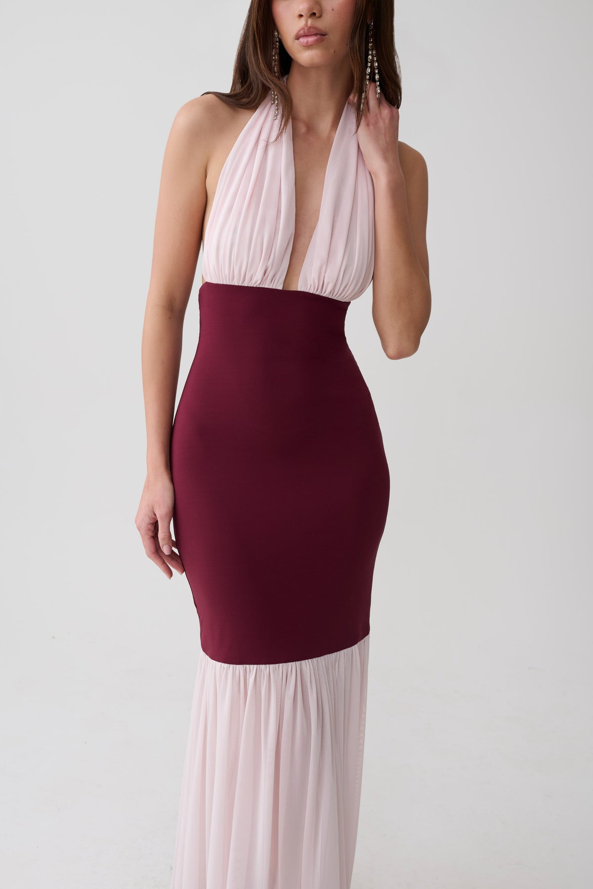Leeana Jersey And Lace Halter Maxi Dress - Burgundy/Pink #4