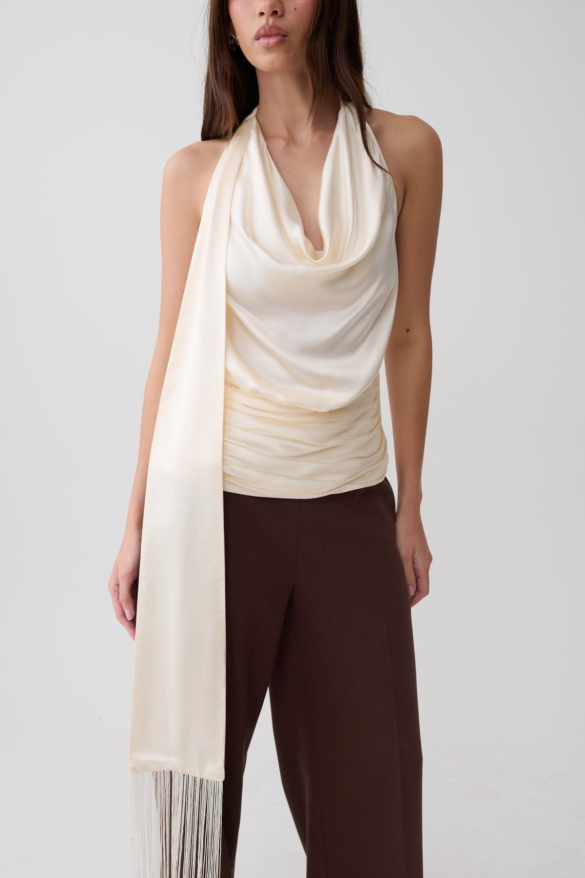 Keena Satin Top With Fringe Scarf - Ivory #3